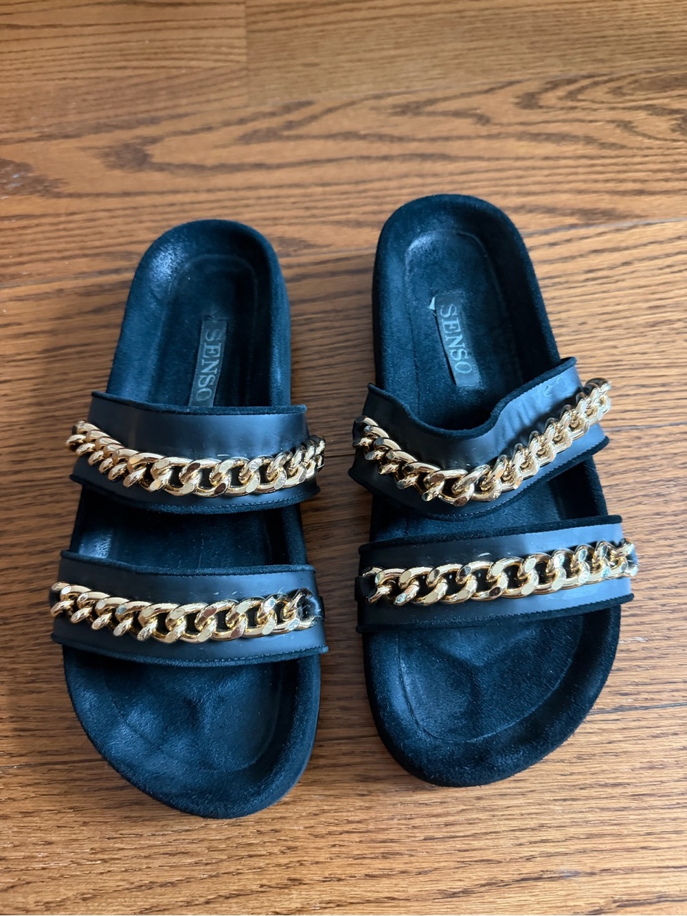 SENSO Black Slide Sandals with Gold Chain Straps